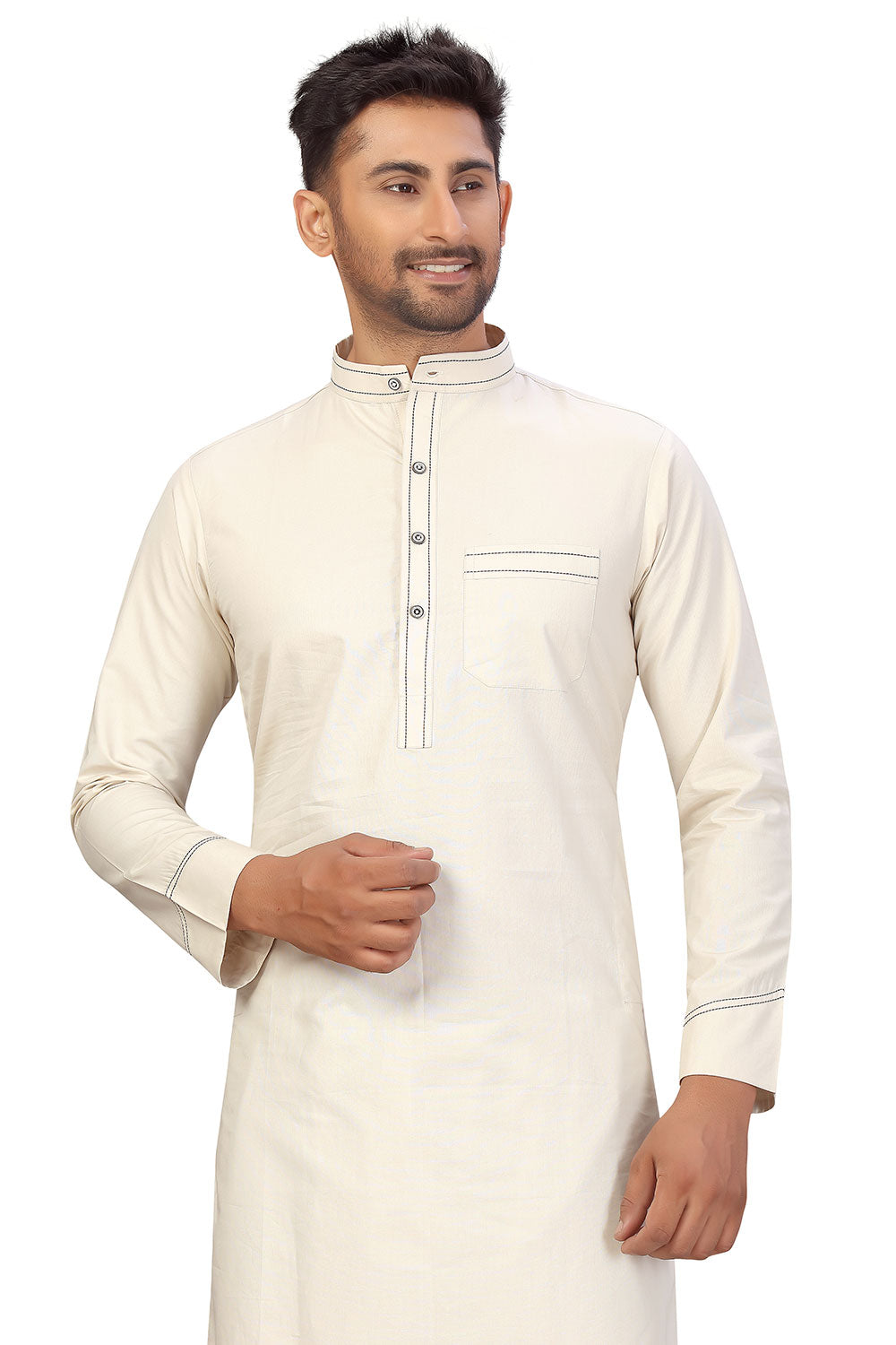 Buy Men's Blended Cotton Solid Pathani Set in Cream Online - Side