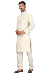 Buy Men's Blended Cotton Solid Pathani Set in Cream Online - Zoom In