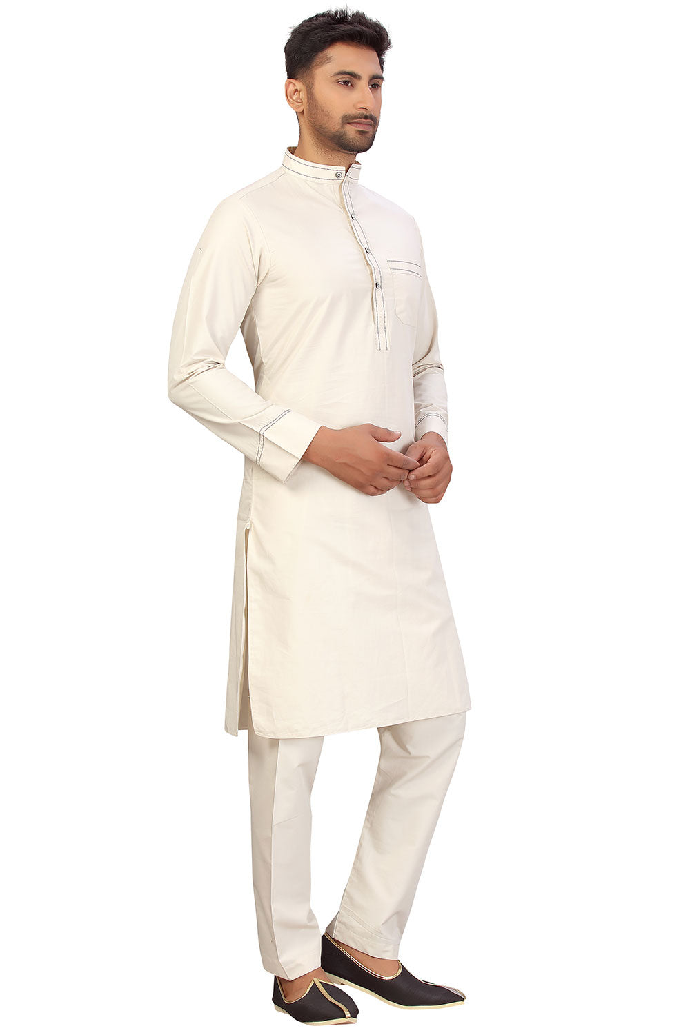 Buy Men's Blended Cotton Solid Pathani Set in Cream Online - Zoom Out