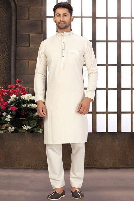 Buy Men's Blended Cotton Solid Pathani Set in Cream Online