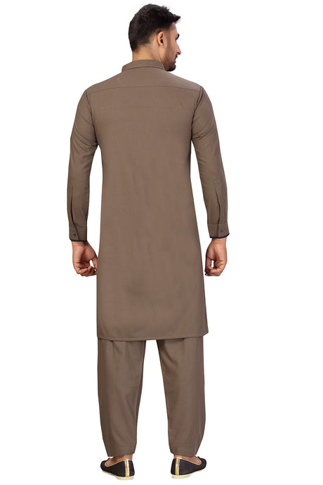 Buy Men's Blended Cotton Solid Pathani Set in Brown Online - Back
