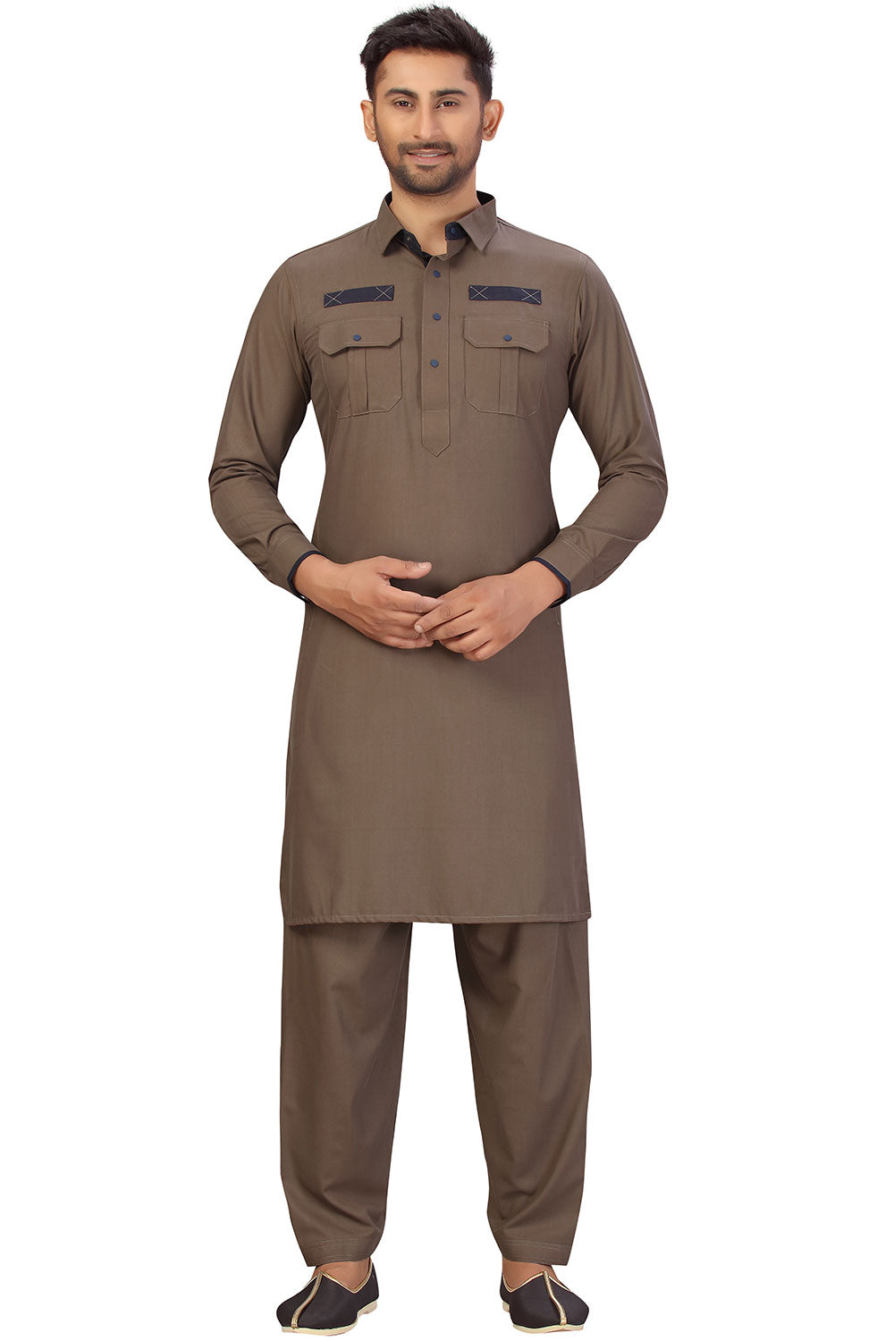 Buy Men's Blended Cotton Solid Pathani Set in Brown Online - Front