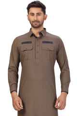 Buy Men's Blended Cotton Solid Pathani Set in Brown Online - Side