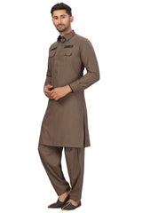 Buy Men's Blended Cotton Solid Pathani Set in Brown Online - Zoom In