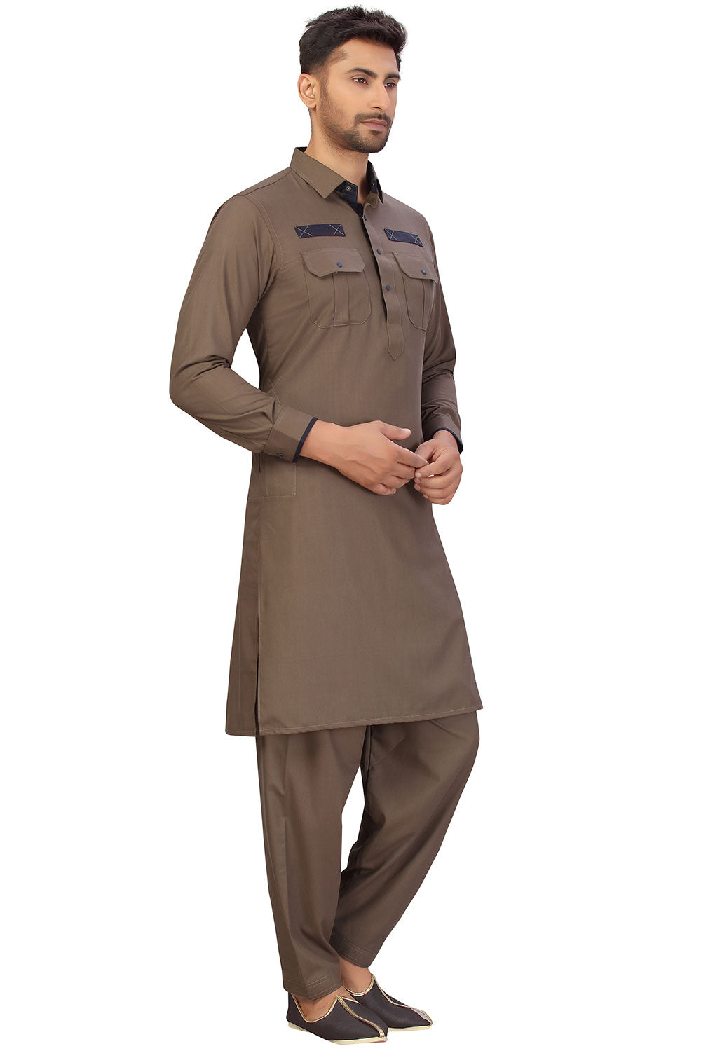 Buy Men's Blended Cotton Solid Pathani Set in Brown Online - Zoom Out