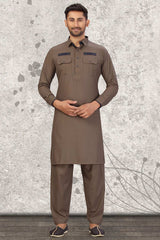 Buy Men's Blended Cotton Solid Pathani Set in Brown Online