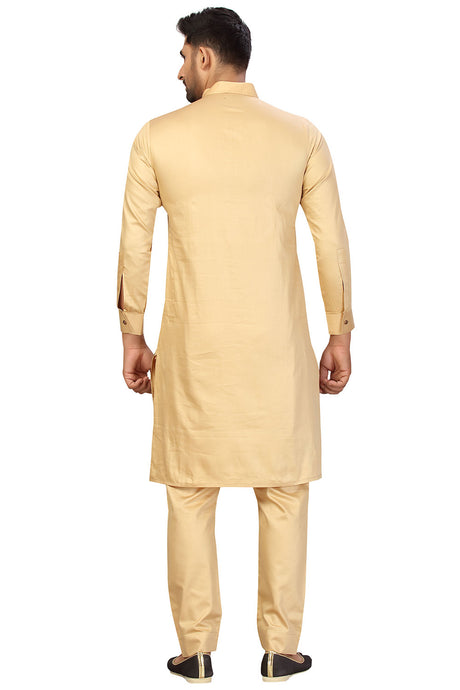 Buy Men's Blended Cotton Solid Pathani Set in Beige Online - Back