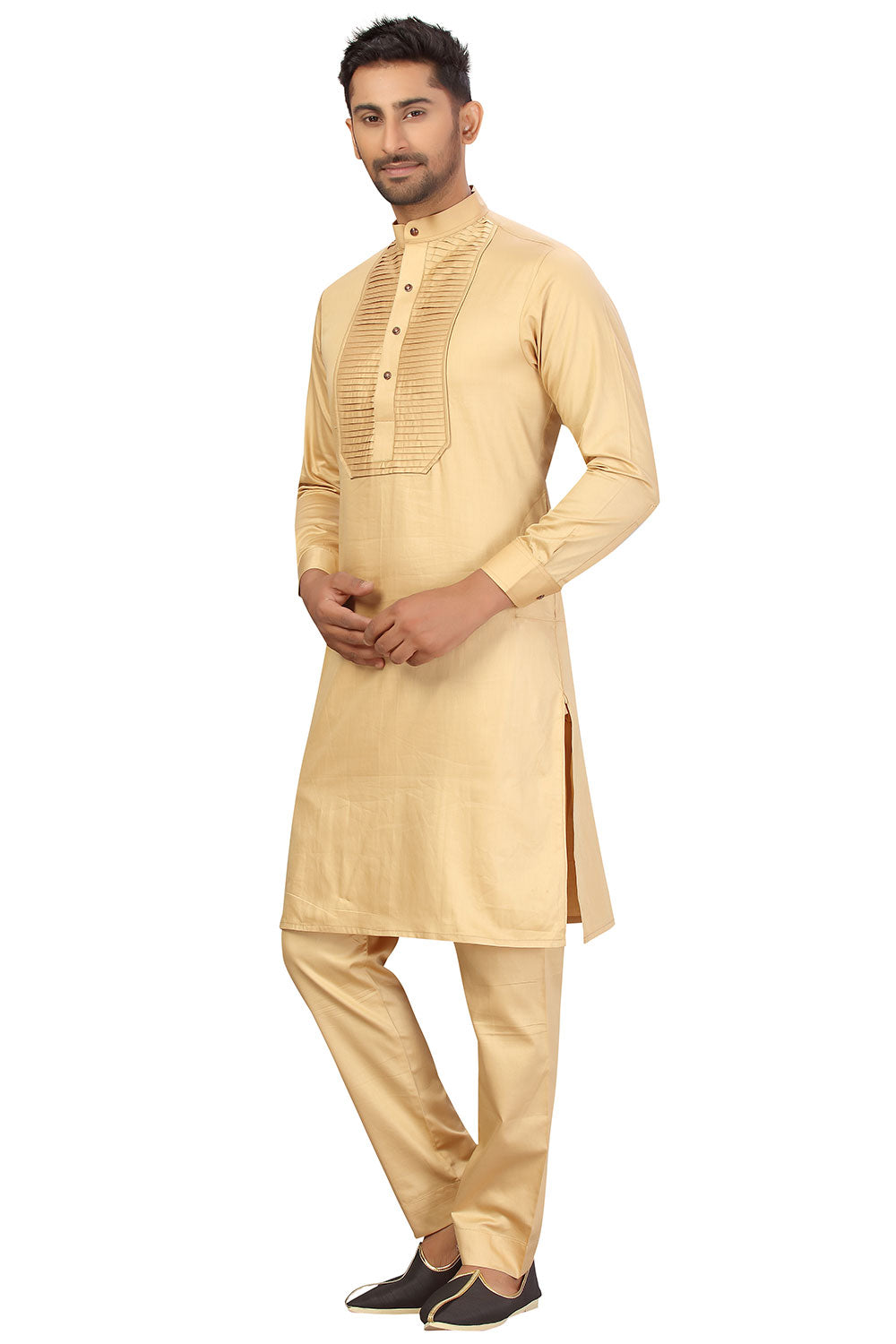 Buy Men's Blended Cotton Solid Pathani Set in Beige Online - Zoom In