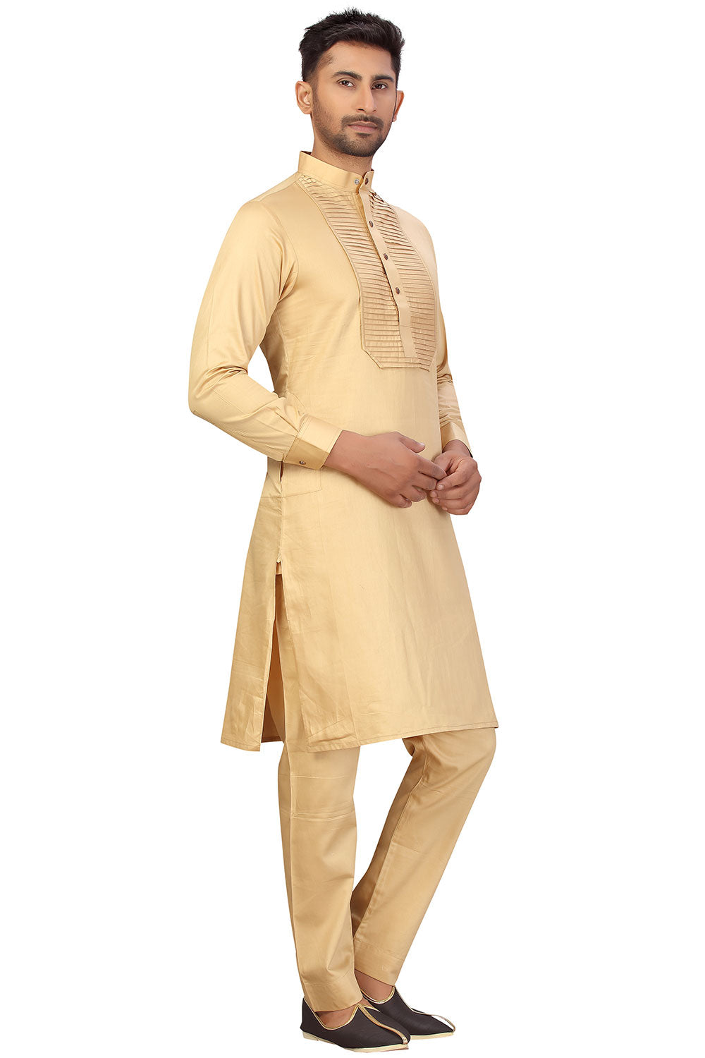 Buy Men's Blended Cotton Solid Pathani Set in Beige Online - Zoom Out