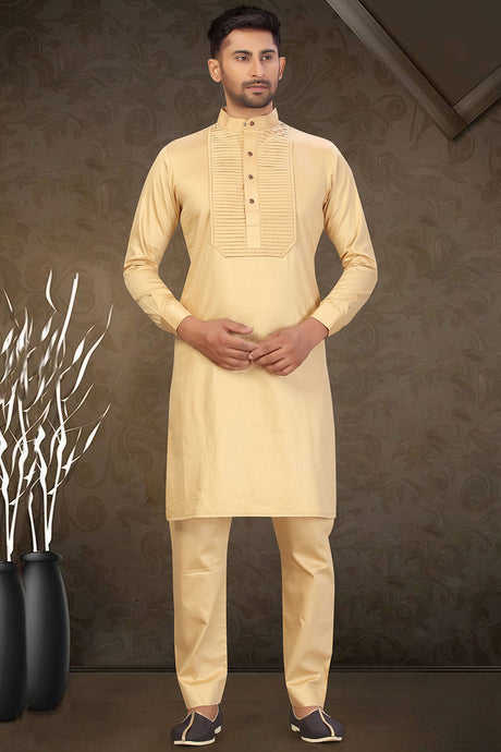 Buy Men's Blended Cotton Solid Pathani Set in Beige Online