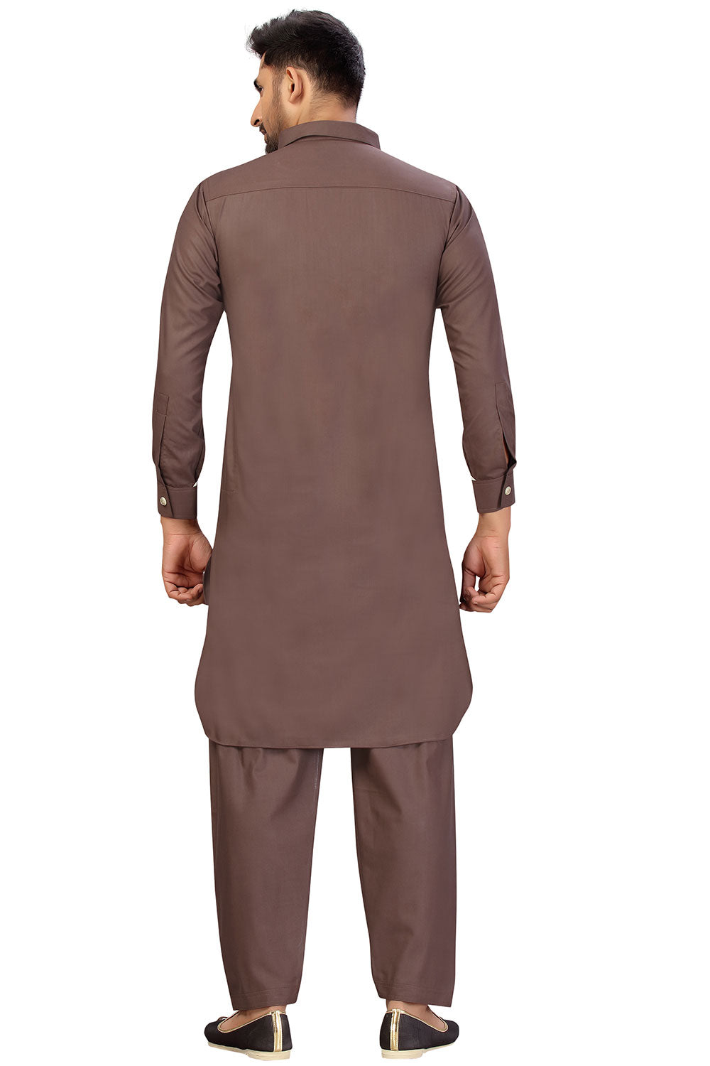 Buy Men's Blended Cotton Solid Pathani Set in Brown Online - Back