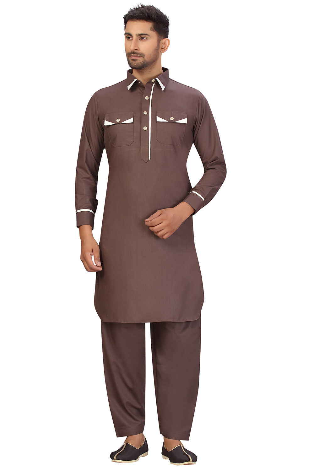 Buy Men's Blended Cotton Solid Pathani Set in Brown Online - Front