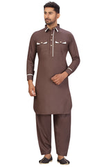 Buy Men's Blended Cotton Solid Pathani Set in Brown Online - Front