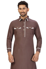 Buy Men's Blended Cotton Solid Pathani Set in Brown Online - Side