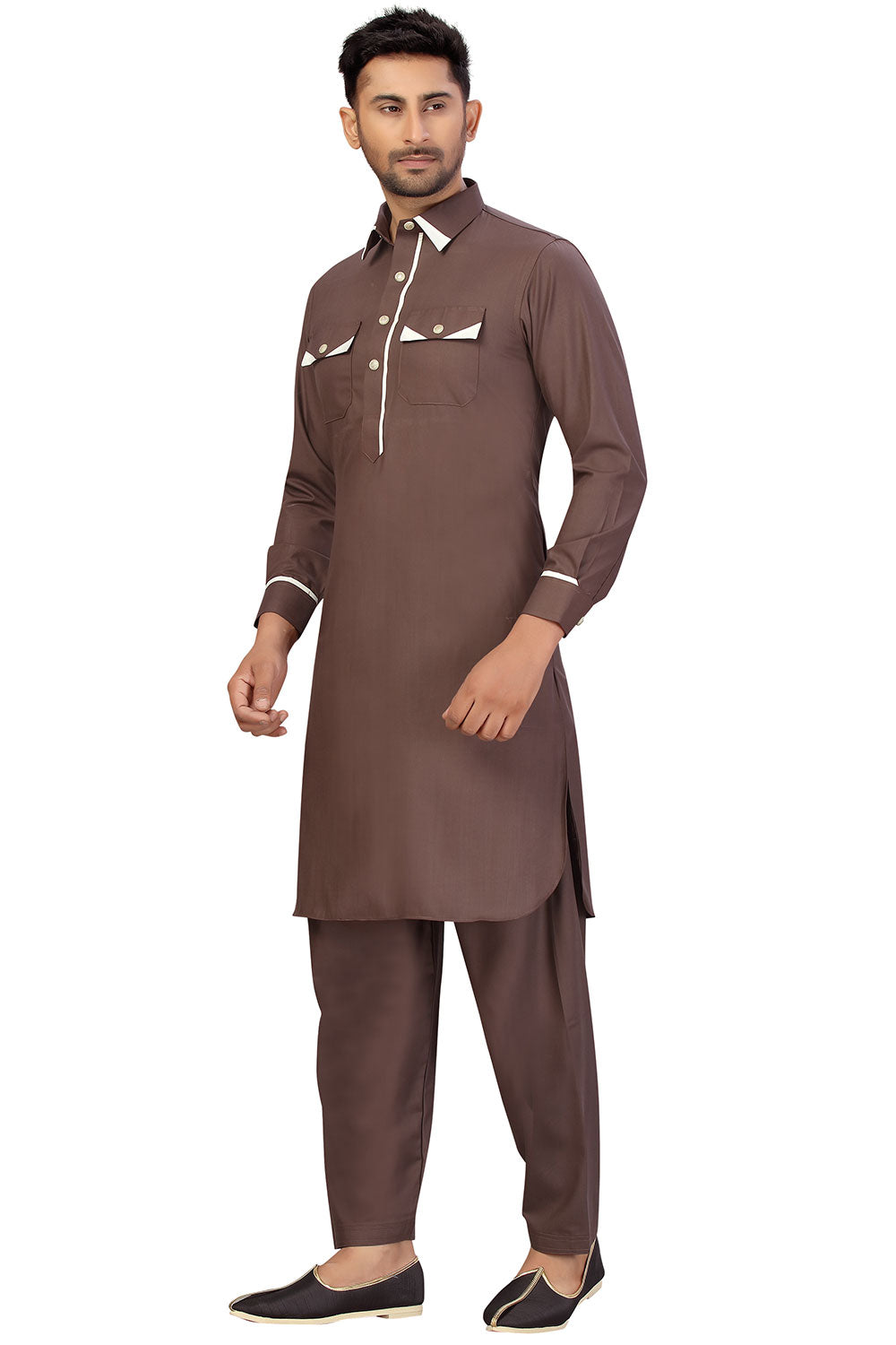 Buy Men's Blended Cotton Solid Pathani Set in Brown Online - Zoom In