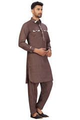 Buy Men's Blended Cotton Solid Pathani Set in Brown Online - Zoom Out