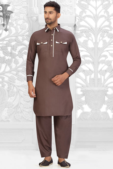 Buy Men's Blended Cotton Solid Pathani Set in Brown Online