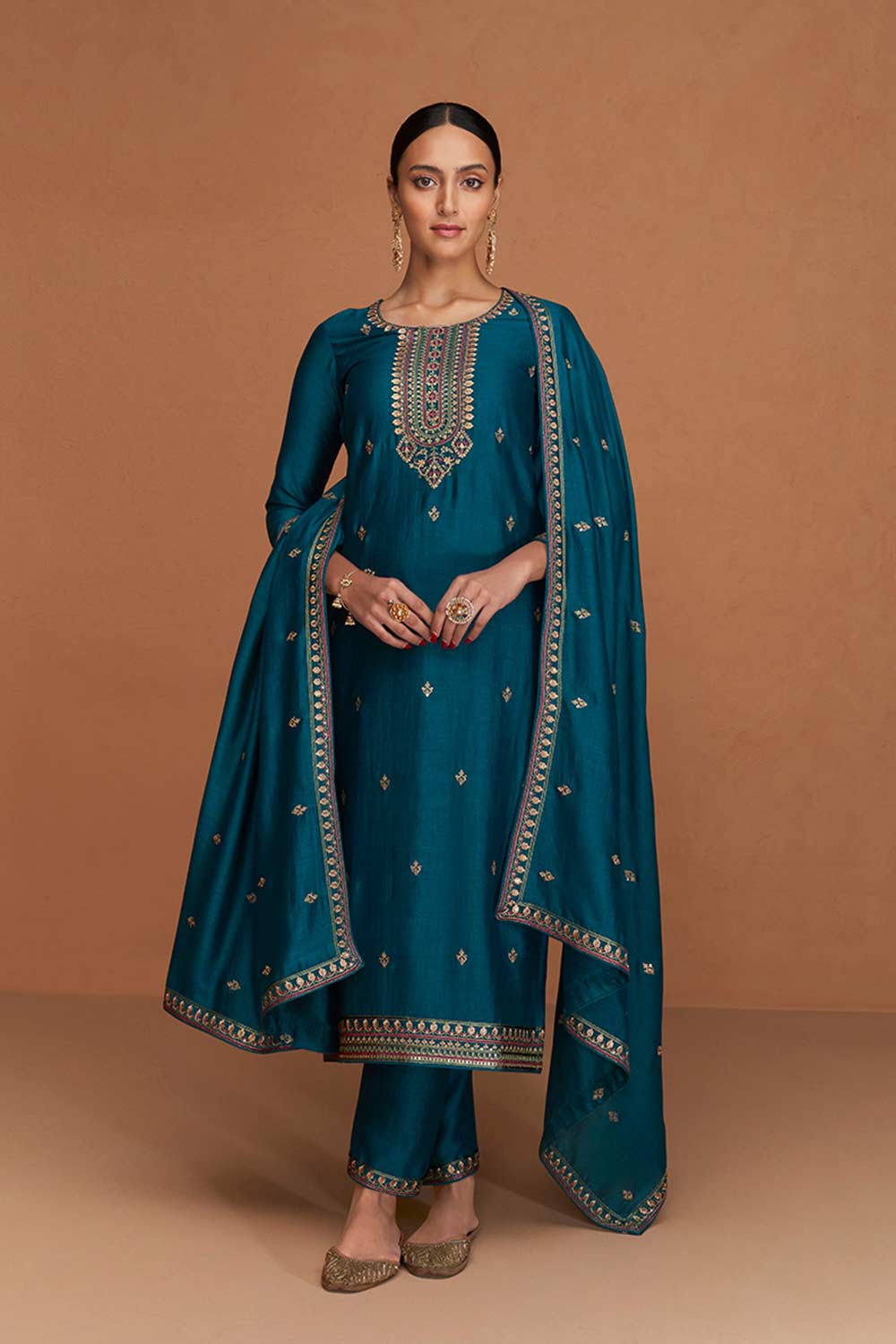 Teal Silk Embroidered Designer Suit