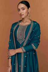 Teal Silk Embroidered Designer Suit