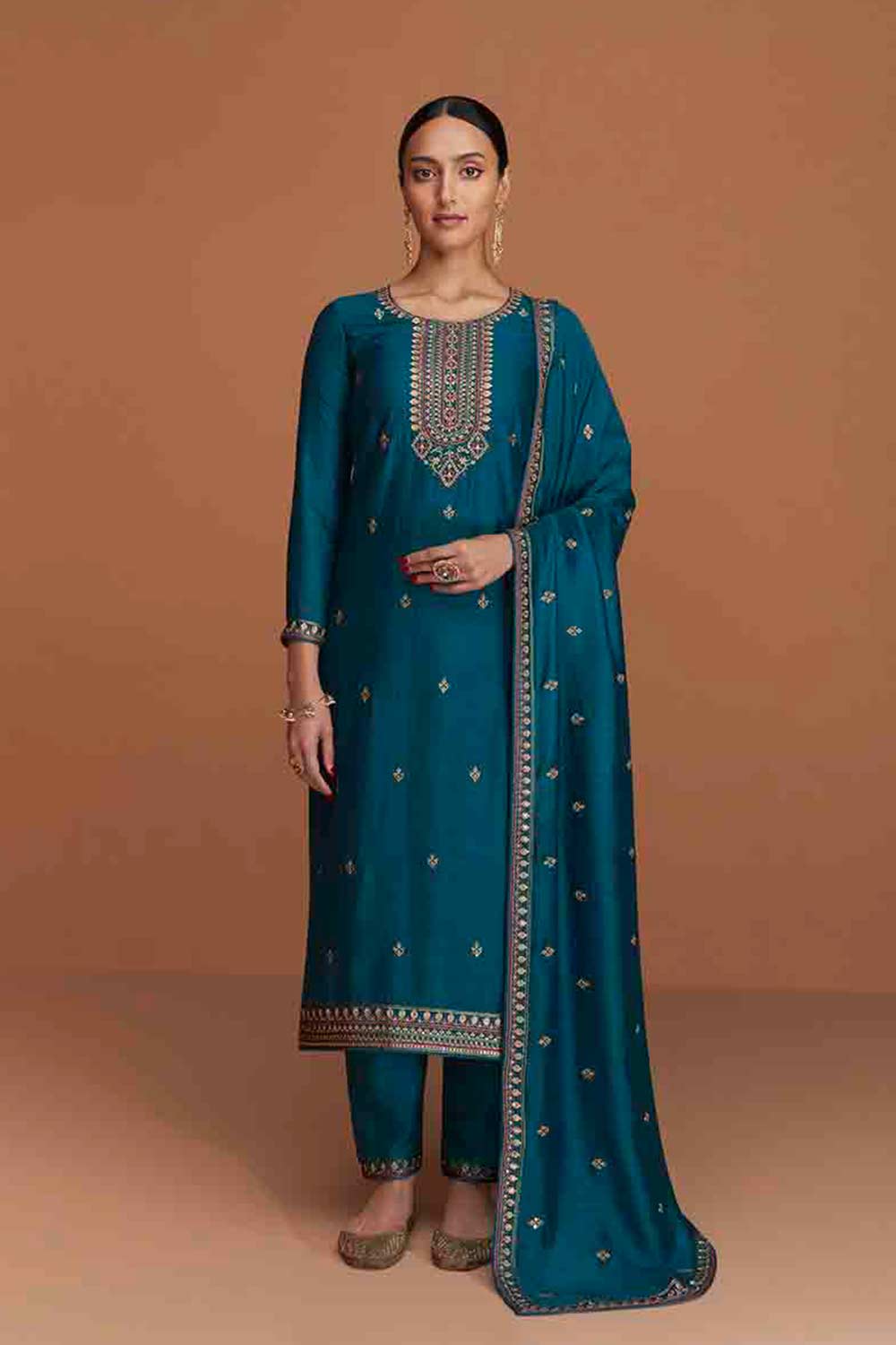 Teal Silk Embroidered Designer Suit