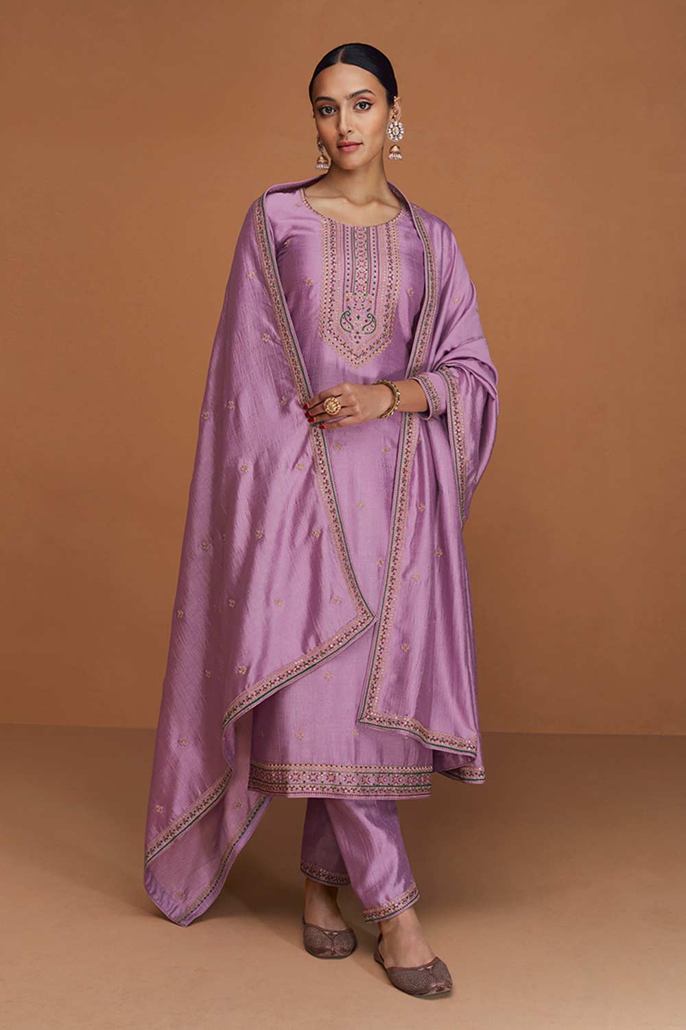 Lavender Silk Embroidered Designer Suit