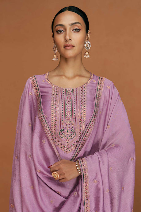 Lavender Silk Embroidered Designer Suit