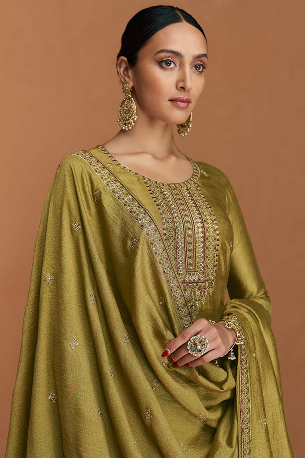 Olive Silk Embroidered Designer Suit