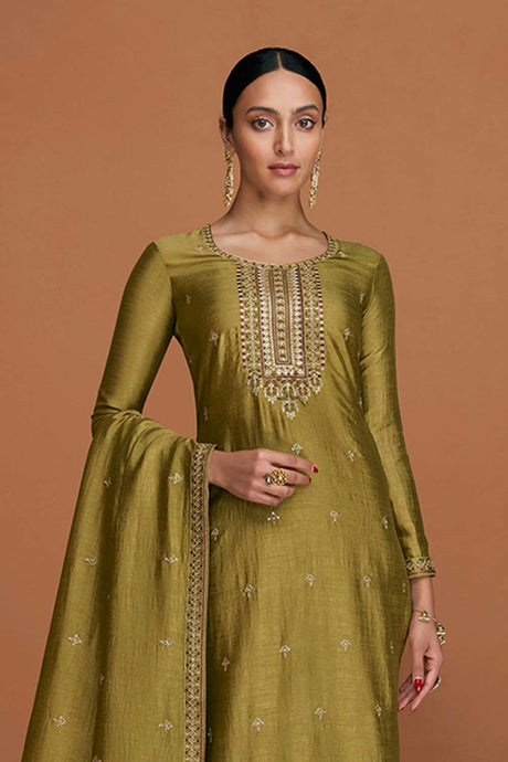 Olive Silk Embroidered Designer Suit