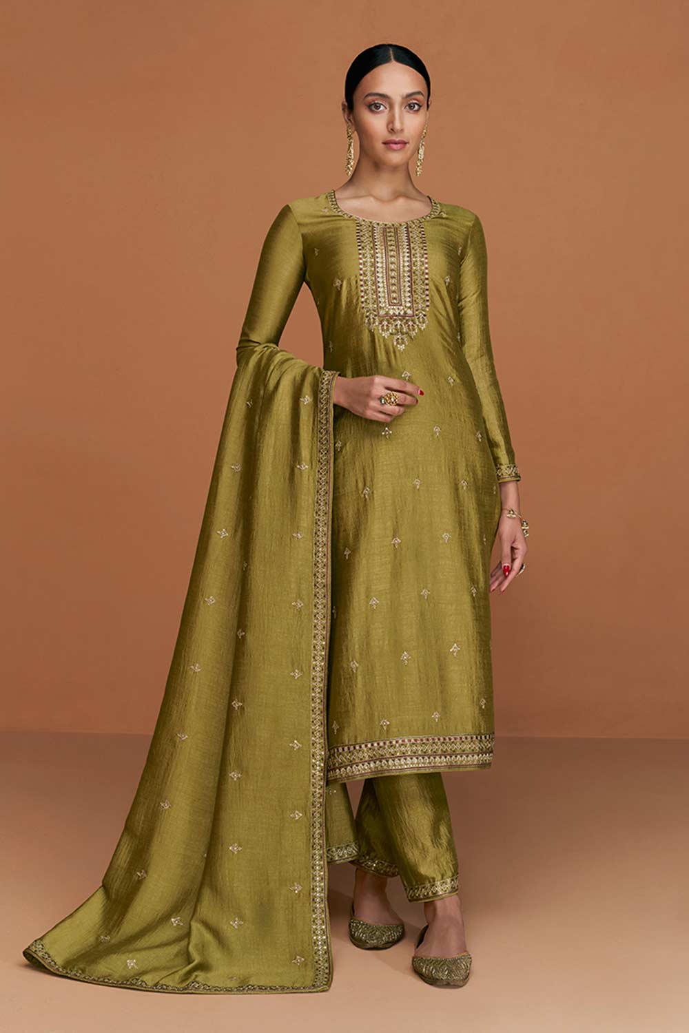 Olive Silk Embroidered Designer Suit