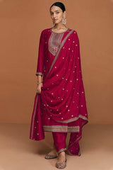 Crimson Silk Embroidered Designer Suit