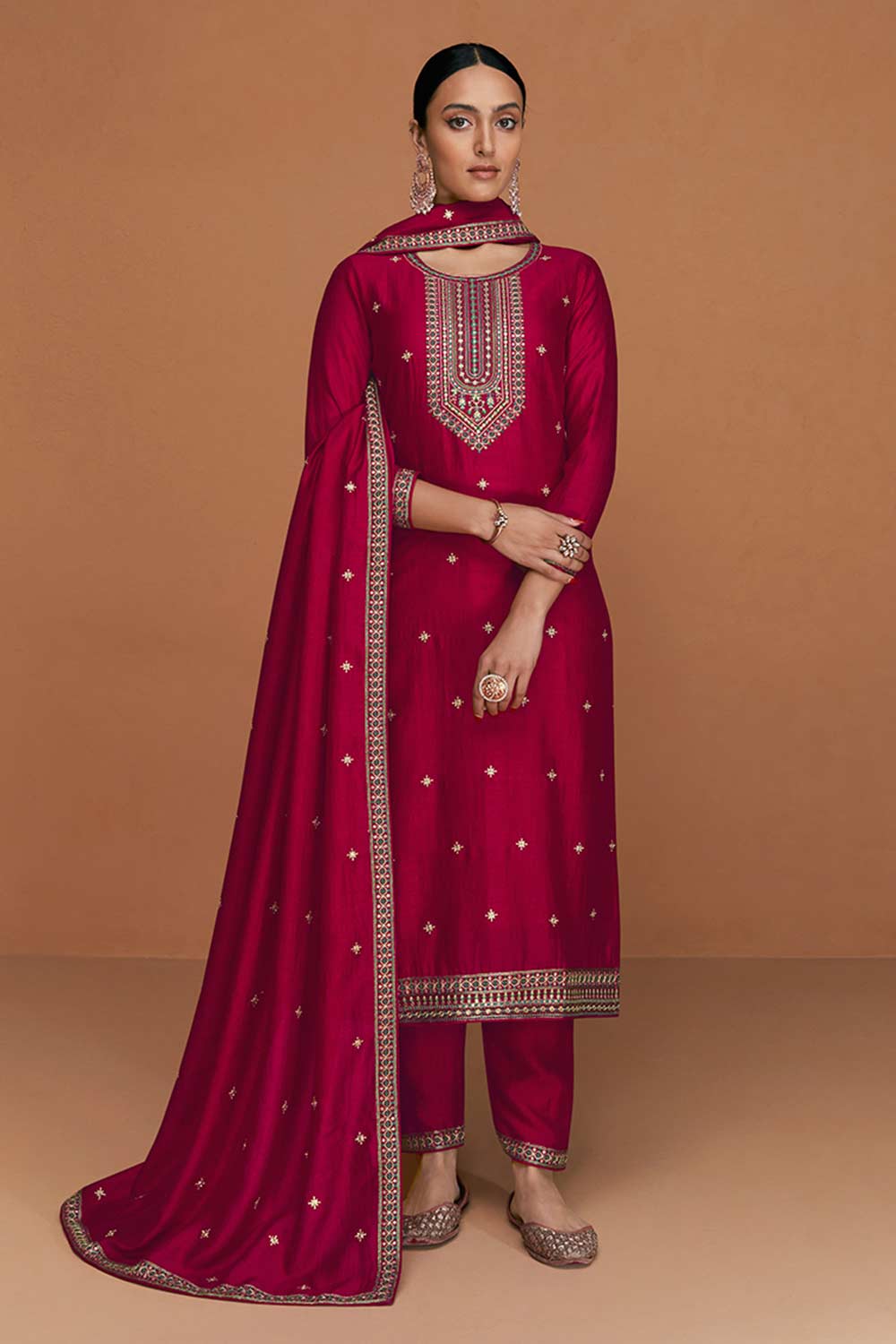 Crimson Silk Embroidered Designer Suit