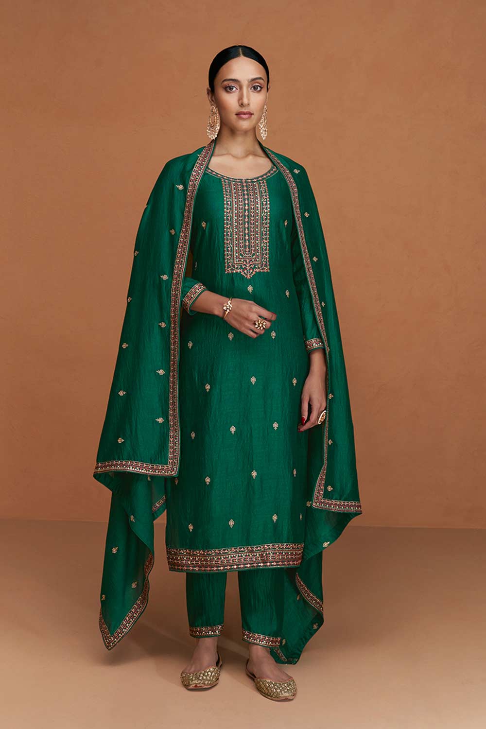 Dark Green Silk Embroidered Designer Suit