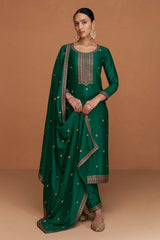 Dark Green Silk Embroidered Designer Suit