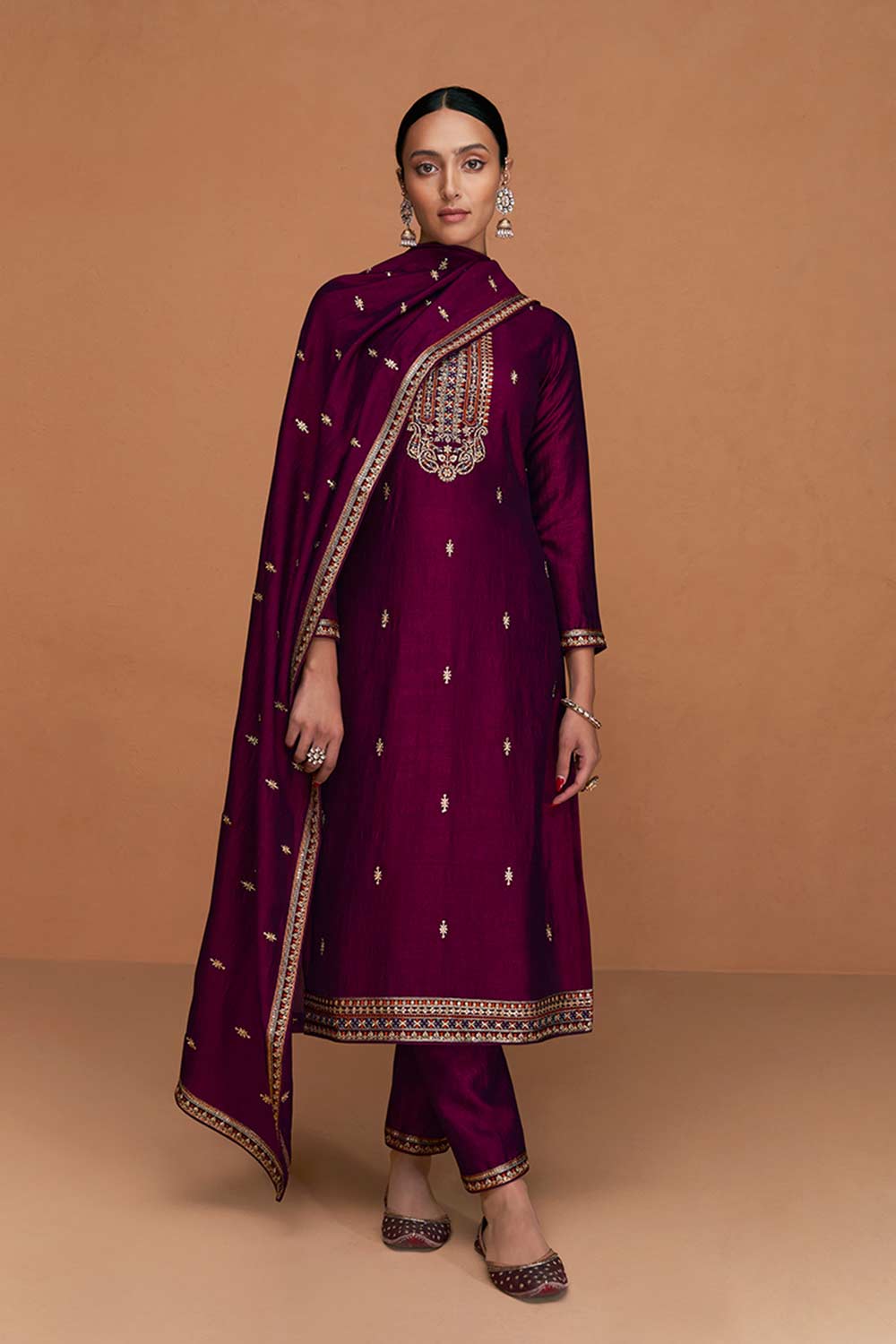 Dark Wine Silk Embroidered Designer Suit