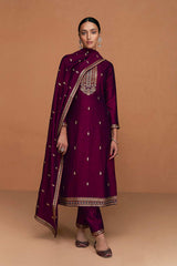 Dark Wine Silk Embroidered Designer Suit