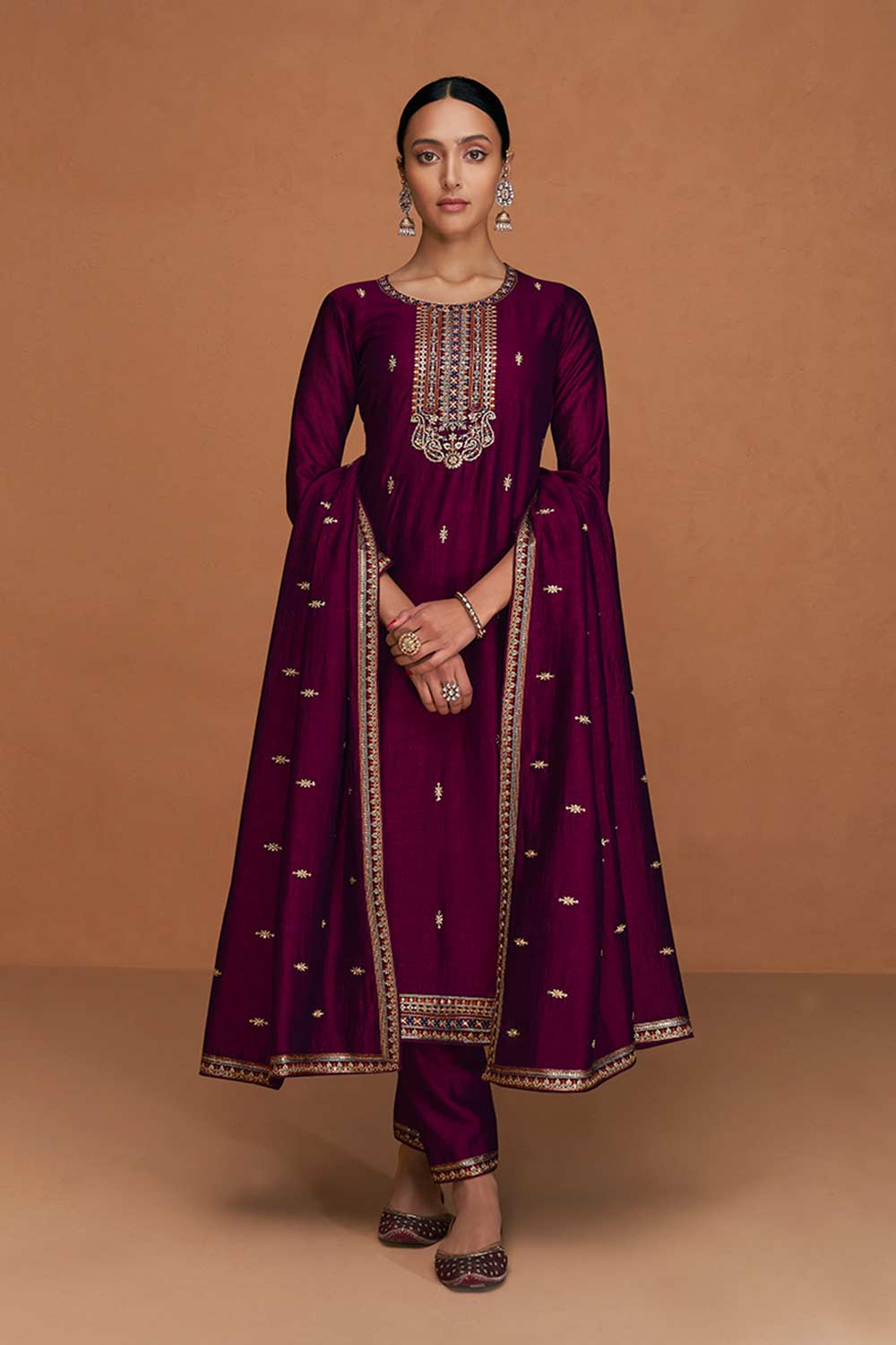 Dark Wine Silk Embroidered Designer Suit