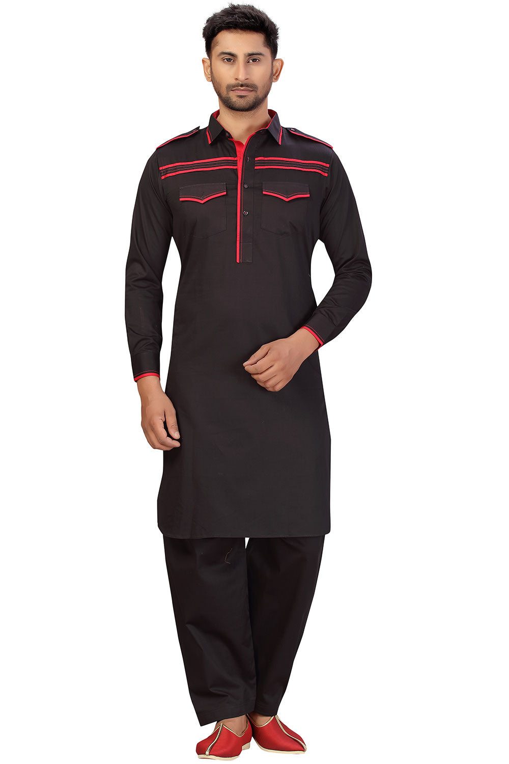 Buy Men's Blended Cotton Solid Pathani Set in Black Online - Front