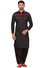 Buy Men's Blended Cotton Solid Pathani Set in Black Online - Front