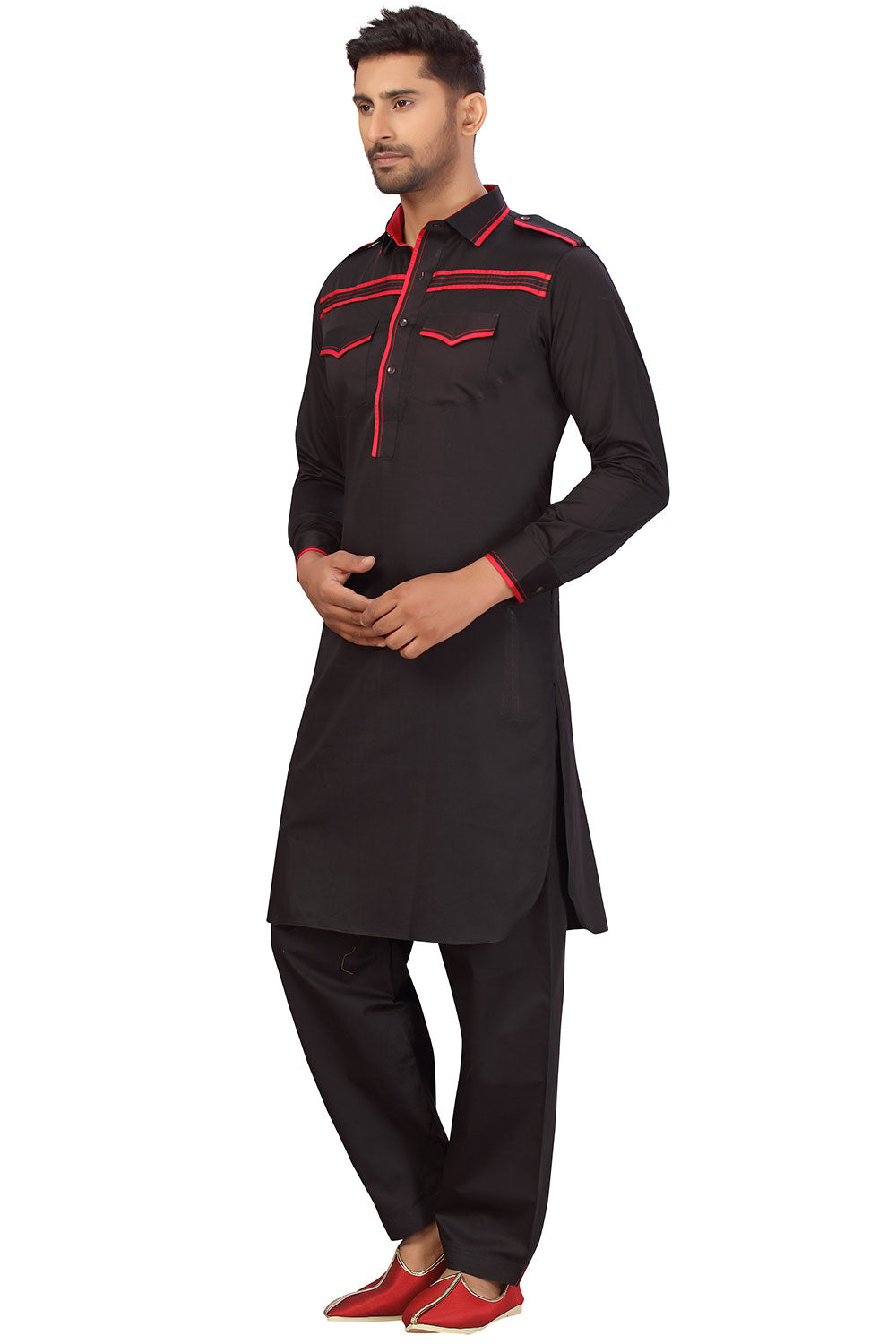 Buy Men's Blended Cotton Solid Pathani Set in Black Online - Zoom In