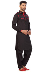 Buy Men's Blended Cotton Solid Pathani Set in Black Online - Zoom Out