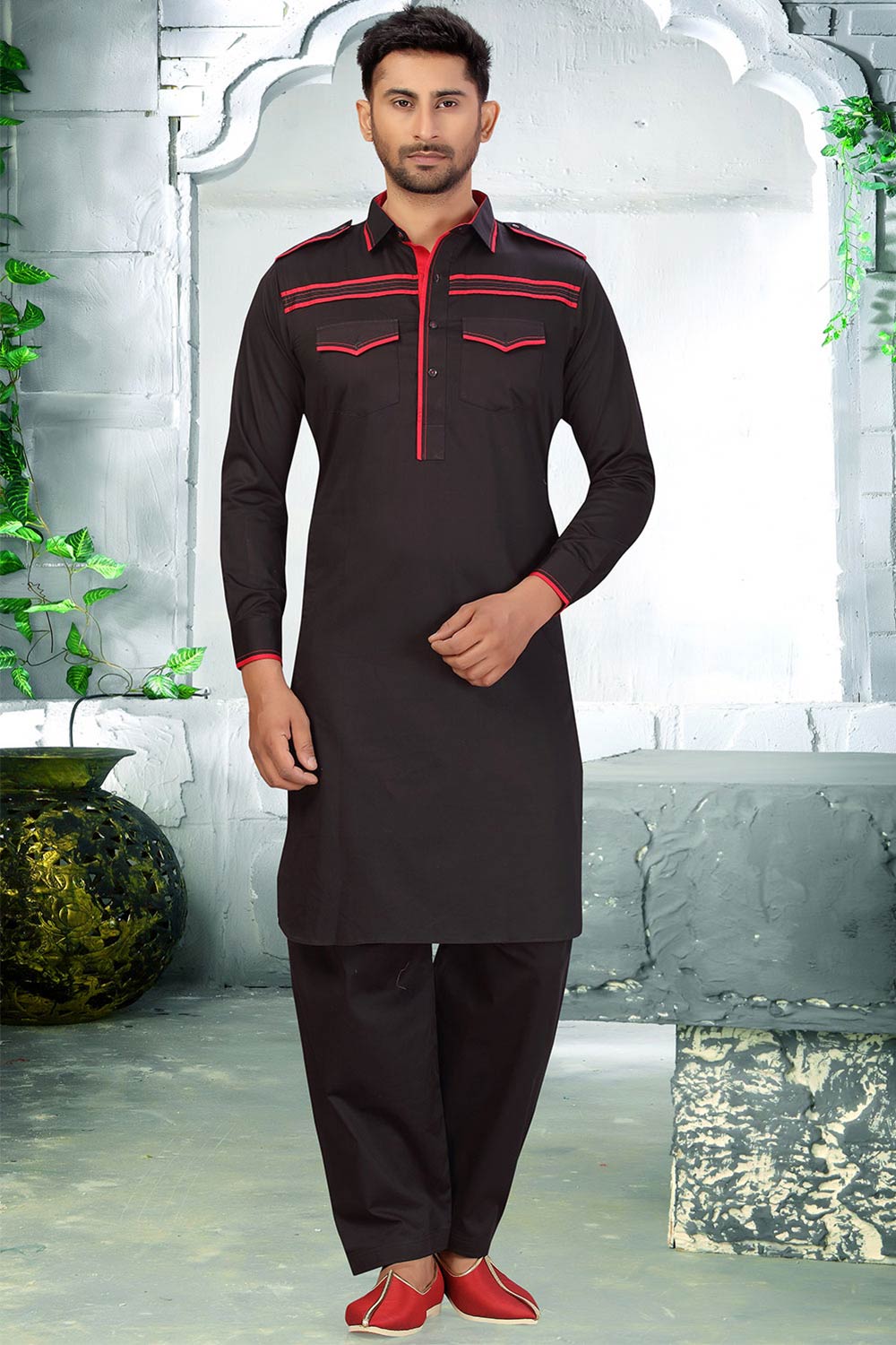 Buy Men's Blended Cotton Solid Pathani Set in Black Online