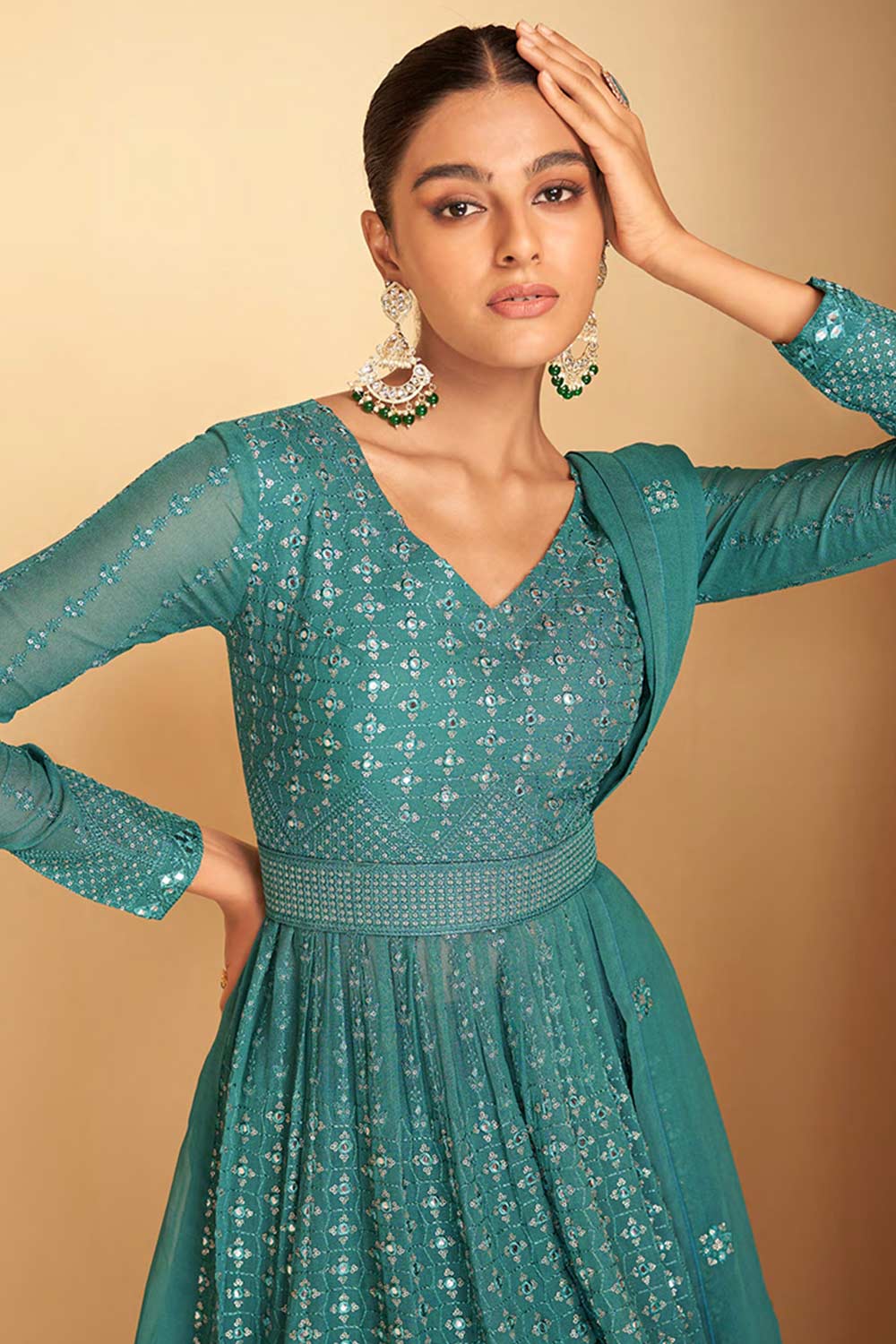 Teal Blue Georgette Embroidered Designer Sharara Suit