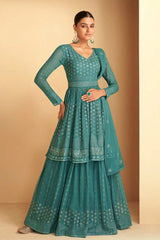 Teal Blue Georgette Embroidered Designer Sharara Suit