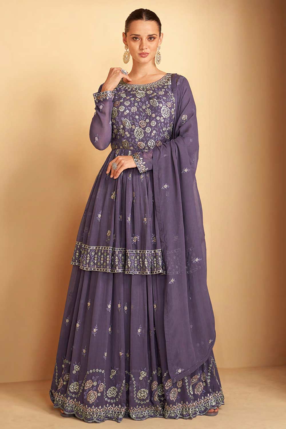 Dark Grey Georgette Embroidered Designer Sharara Suit