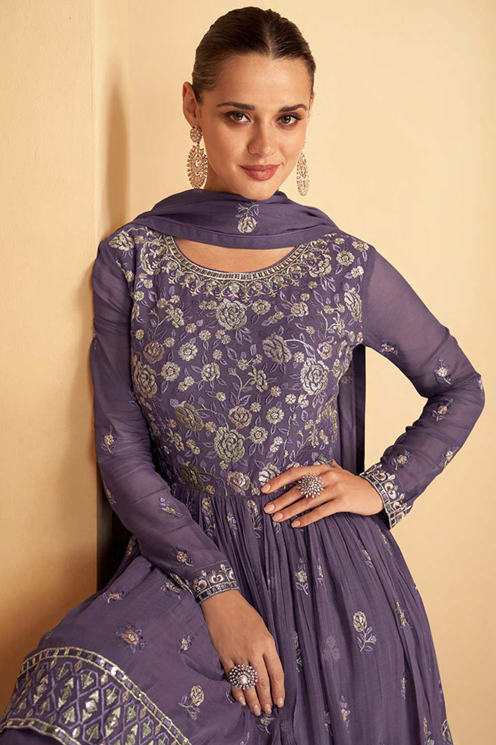 Dark Grey Georgette Embroidered Designer Sharara Suit