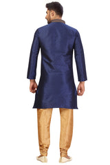 Buy Men's Jacquard Embroidered Kurta Set in Navy Blue Online - Back