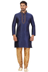 Buy Men's Jacquard Embroidered Kurta Set in Navy Blue Online - Front