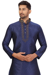 Buy Men's Jacquard Embroidered Kurta Set in Navy Blue Online - Side