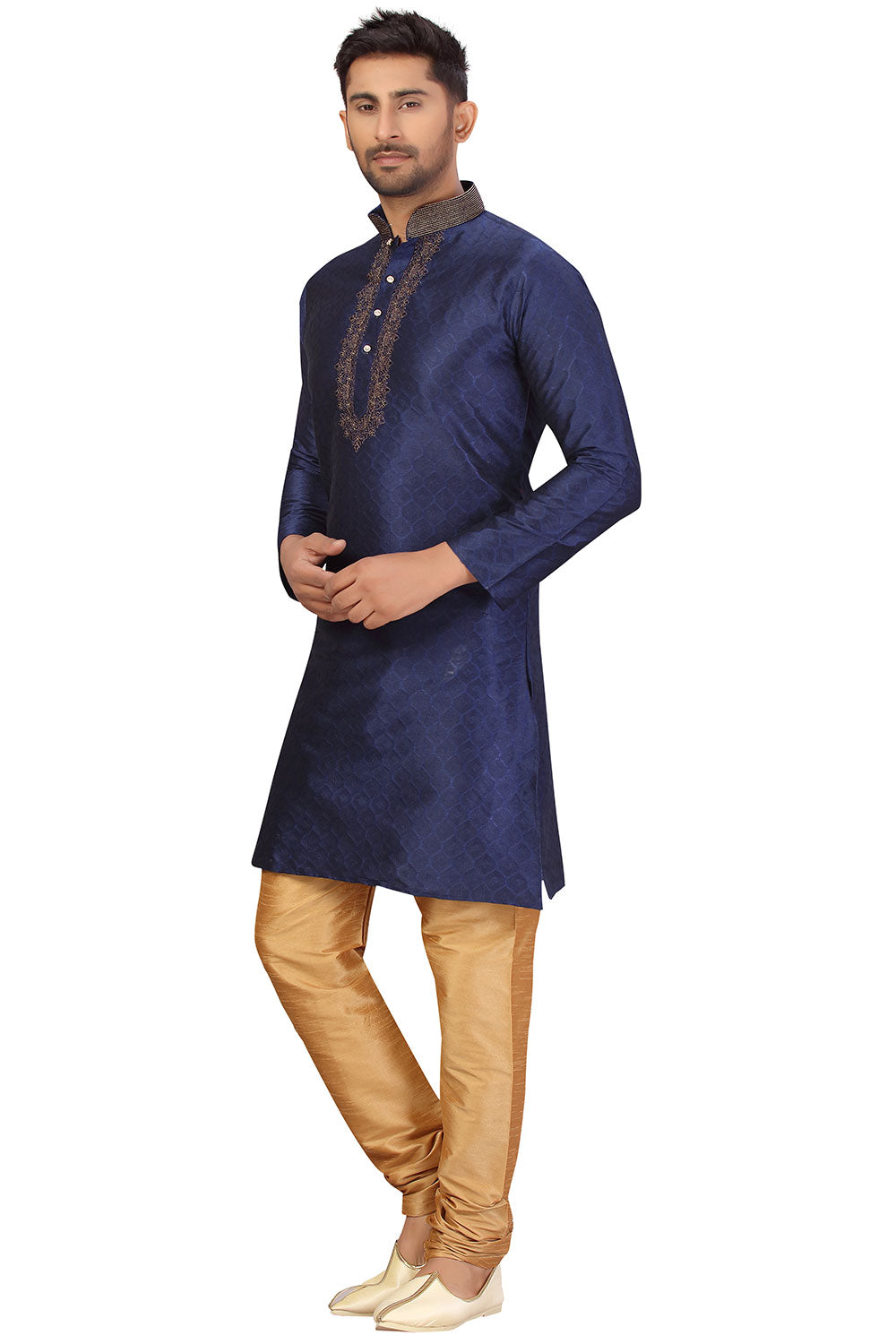 Buy Men's Jacquard Embroidered Kurta Set in Navy Blue Online - Zoom In