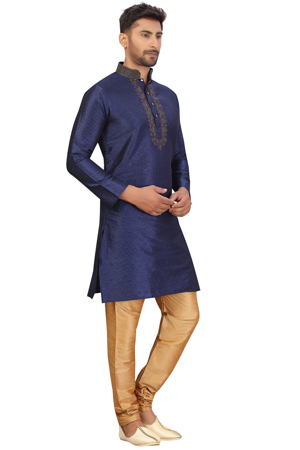 Buy Men's Jacquard Embroidered Kurta Set in Navy Blue Online - Zoom Out